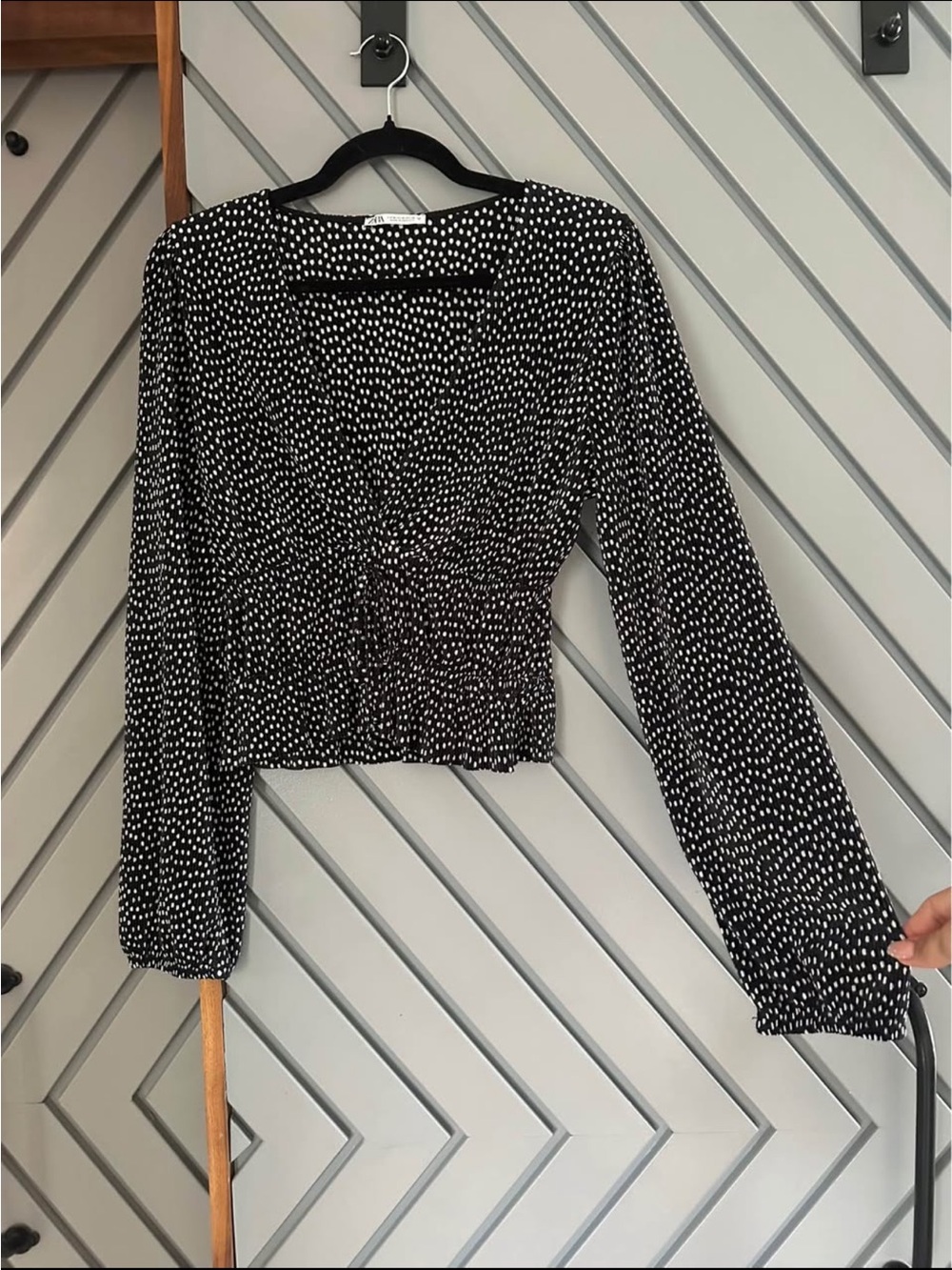 Zara Black White Dot Smocked-Waist V-Neck Blouse